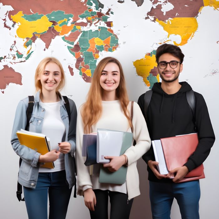 Groupe de jeunes étudiants devant une carte du monde, prêts à partir étudier à l'étranger.